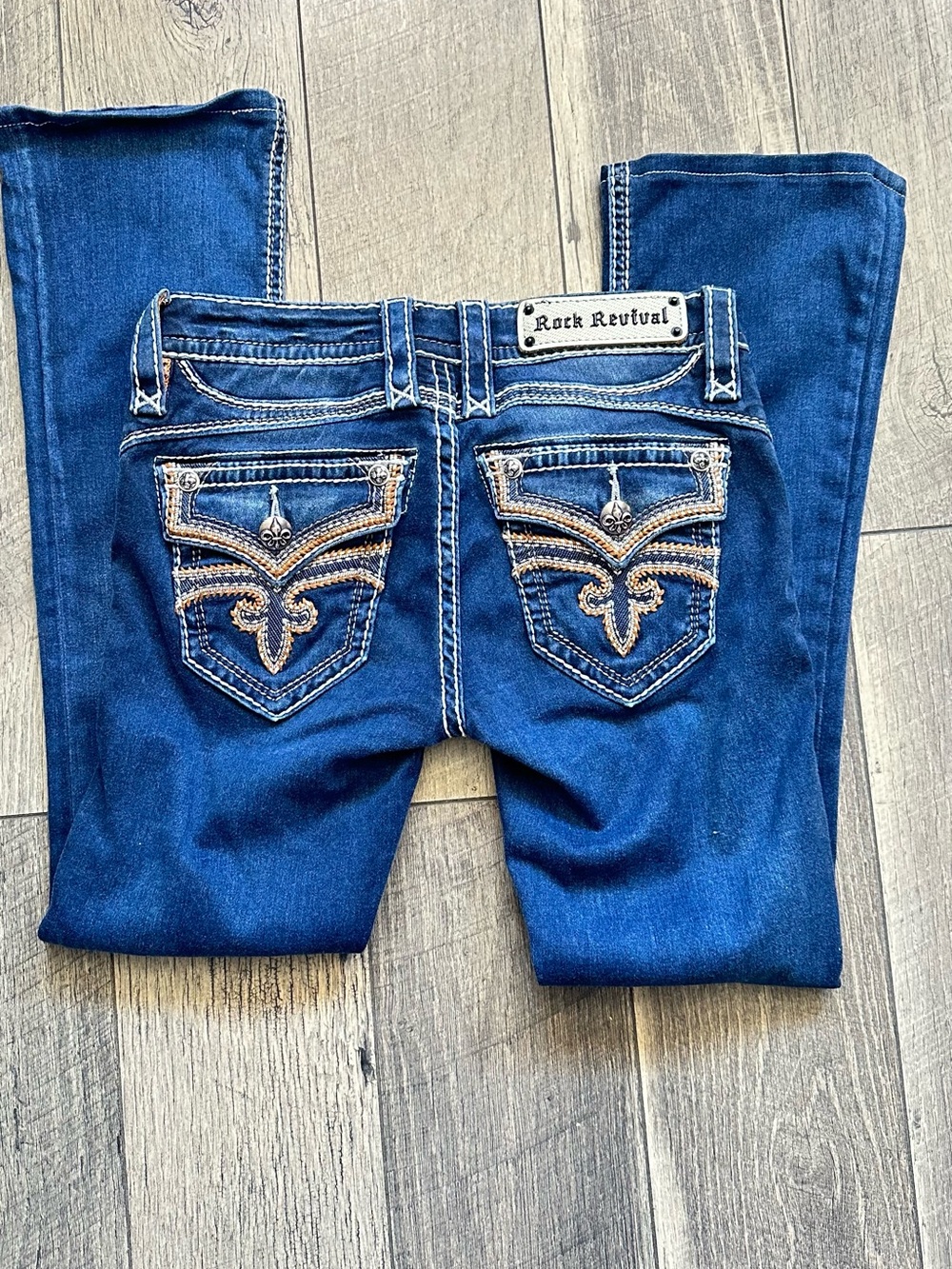 Rock Revival Dark Blue Boot Cut Jeans with Embroidered Back Pockets